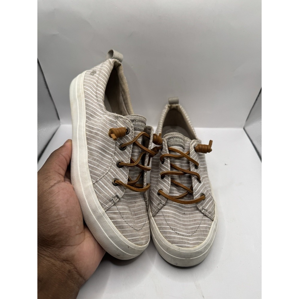 Sperry Crest Vibe Beach Stripe Sneaker Shoes Womens 9 Tan White Casual Slip On